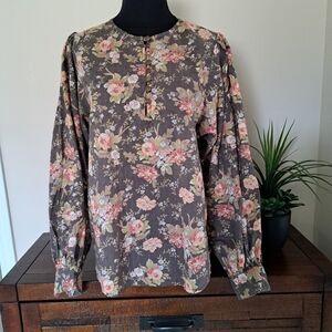 Anthropologie Floral Blouse Women's Small Brown Lightweight Long Sleeve Top